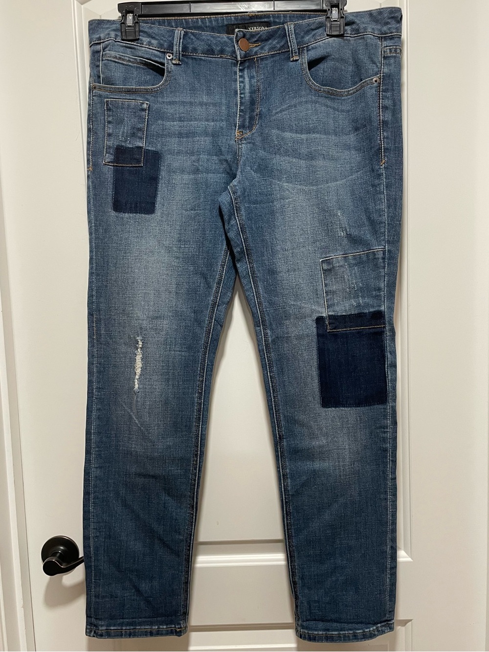 Versona Mid Blue Modern Straight-Leg Patchwork Casual Jeans Distressing Sz 14